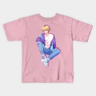 The stylish anime boy from 90s (purple background) Kids T-Shirt